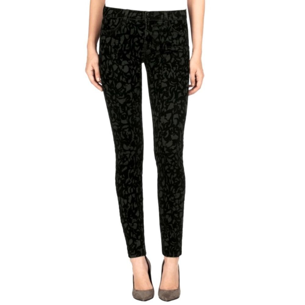 J Brand Olive Brocade Velvet Mid Rise Super Skinny Jeans 25 26
